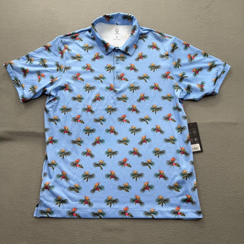 Caddy Cart Polo Shirt Mens‎ Large Blue Tropical Floral Golf Performance